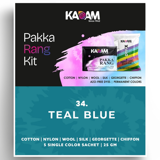 Kadam Pakka Rang kit in vibrant teal blue shade for cotton, silk, and georgette.
