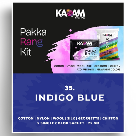 Kadam Pakka Rang kit in classic indigo blue shade for long-lasting color on fabrics.