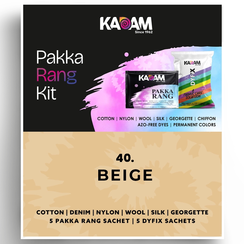 Beige Pakka Rang Kit – Kadam Colors permanent fabric dye with 5 Pakka Rang sachets and 5 DyFix sachets for cotton, denim, nylon, wool, silk, and georgette.
