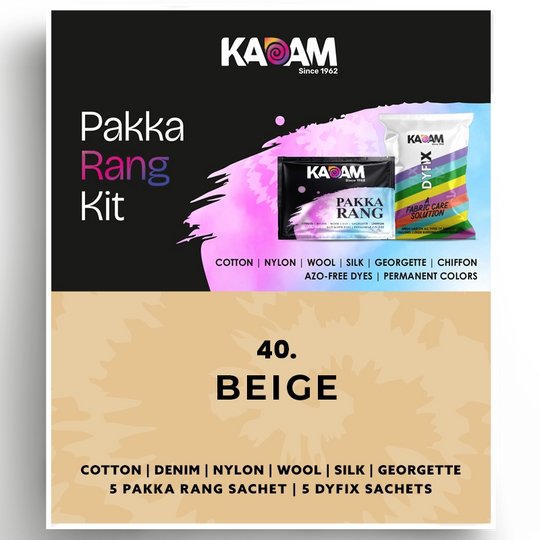 Beige Pakka Rang Kit – Kadam Colors permanent fabric dye with 5 Pakka Rang sachets and 5 DyFix sachets for cotton, denim, nylon, wool, silk, and georgette.