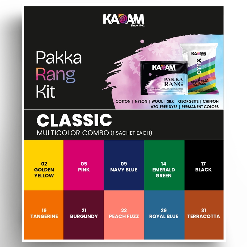 Kadam Pakka Rang Classic Multicolor Combo – 10 fabric dye sachets in Golden Yellow, Pink, Navy Blue, Emerald Green, Black, Tangerine, Burgundy, Peach Fuzz, Royal Blue, and Terracotta with DyFix fabric care solution.