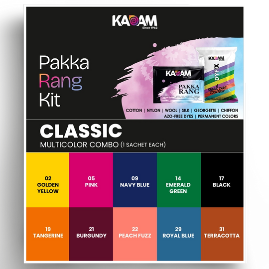 Kadam Pakka Rang Classic Multicolor Combo – 10 fabric dye sachets in Golden Yellow, Pink, Navy Blue, Emerald Green, Black, Tangerine, Burgundy, Peach Fuzz, Royal Blue, and Terracotta with DyFix fabric care solution.