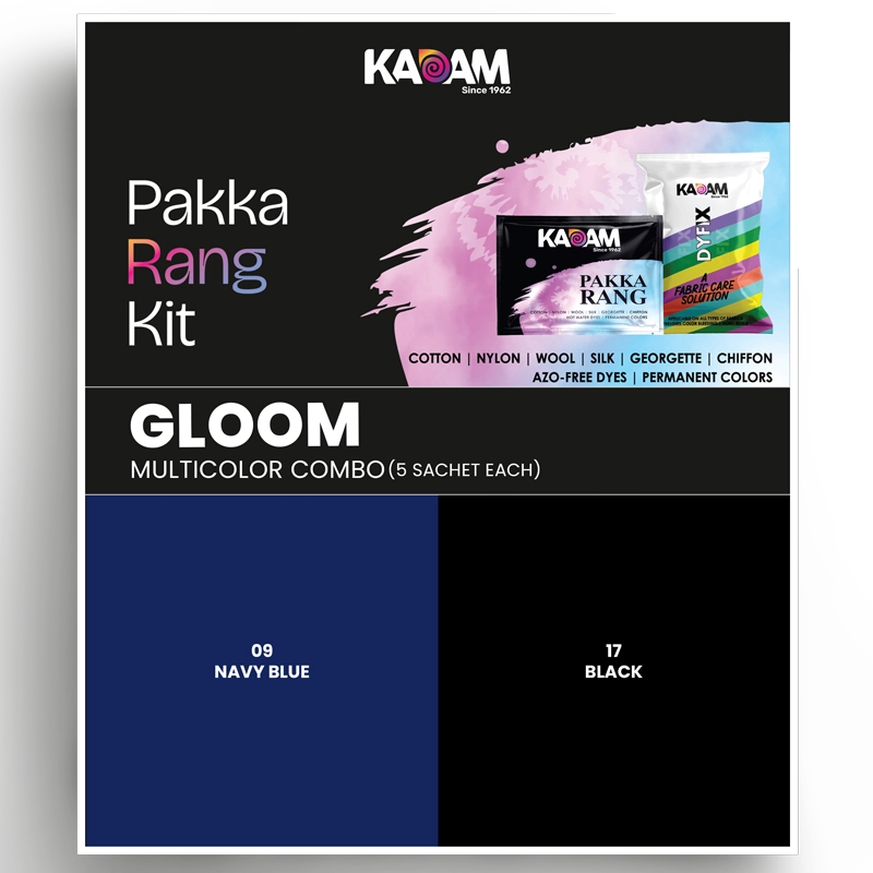 Kadam Pakka Rang Gloom Multicolor Combo – 5 sachets each in Navy Blue and Black fabric dye shades with DyFix fabric care solution for long-lasting colors.