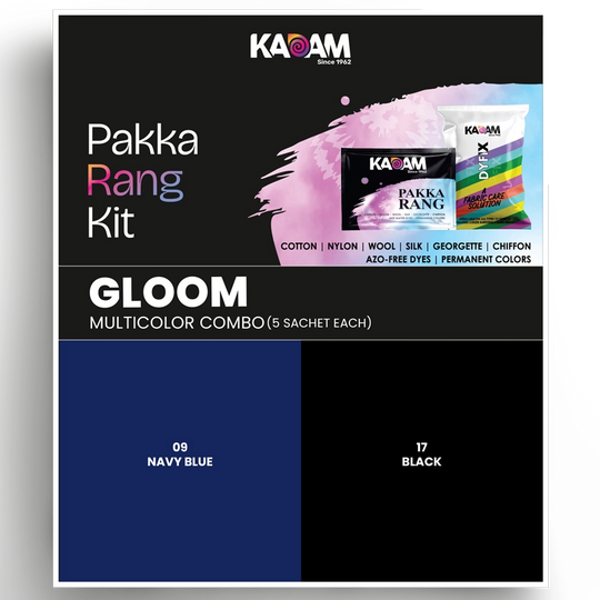 Kadam Pakka Rang Gloom Multicolor Combo – 5 sachets each in Navy Blue and Black fabric dye shades with DyFix fabric care solution for long-lasting colors.