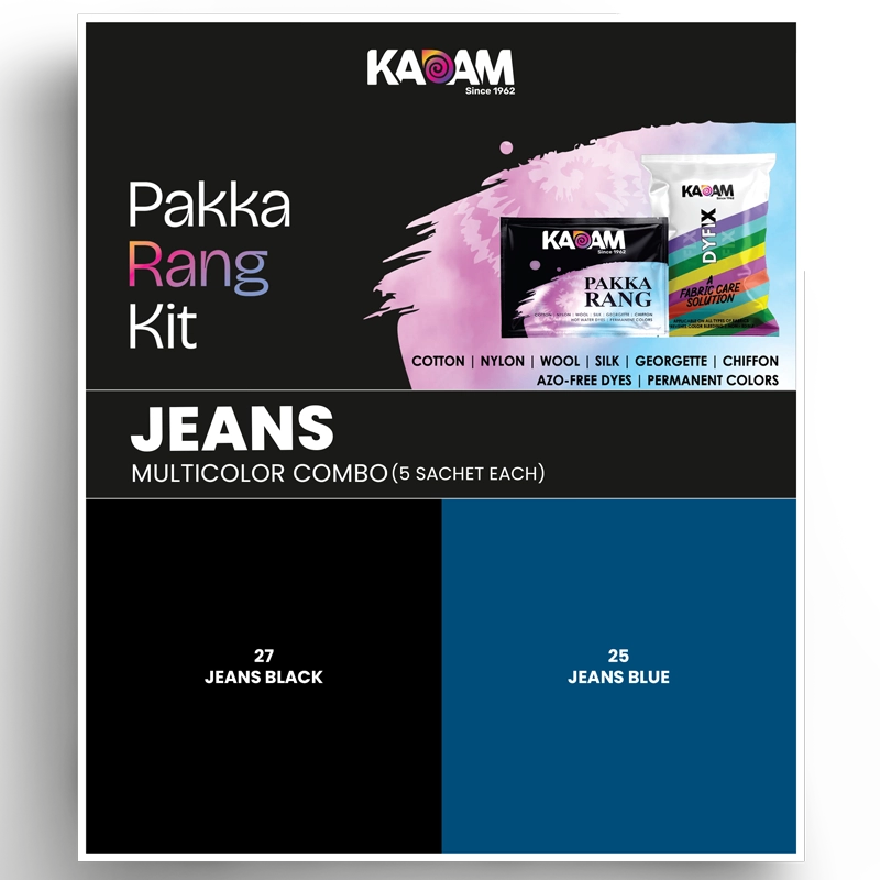 Kadam Pakka Rang Jeans Multicolor Combo – 5 sachets each in Jeans Black and Jeans Blue shades, designed for denim fabrics with DyFix fabric care solution.
