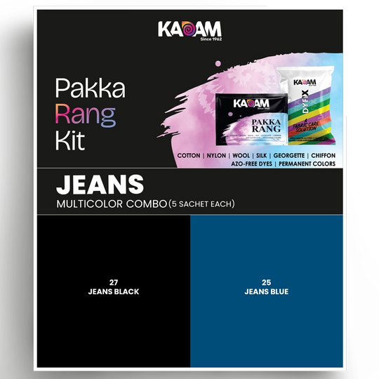 Kadam Pakka Rang Jeans Multicolor Combo – 5 sachets each in Jeans Black and Jeans Blue shades, designed for denim fabrics with DyFix fabric care solution.