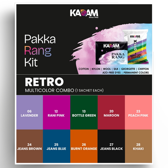 Kadam Pakka Rang Retro Multicolor Combo – 10 vibrant fabric dye sachets in Lavender, Rani Pink, Bottle Green, Maroon, Peach Pink, Jeans Brown, Jeans Blue, Burnt Orange, Jeans Black, and Khaki with DyFix color fixer.