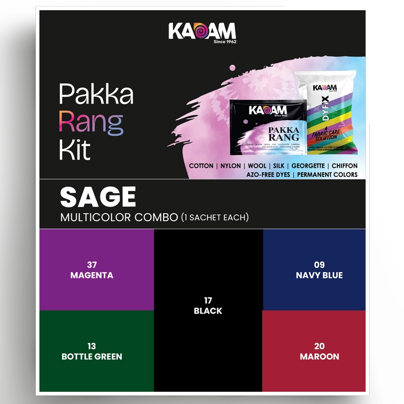 Kadam Pakka Rang Sage Multicolor Combo – 5 fabric dye sachets in Magenta, Black, Navy Blue, Bottle Green, and Maroon shades with DyFix fabric care solution.