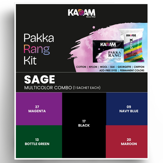 Kadam Pakka Rang Sage Multicolor Combo – 5 fabric dye sachets in Magenta, Black, Navy Blue, Bottle Green, and Maroon shades with DyFix fabric care solution.