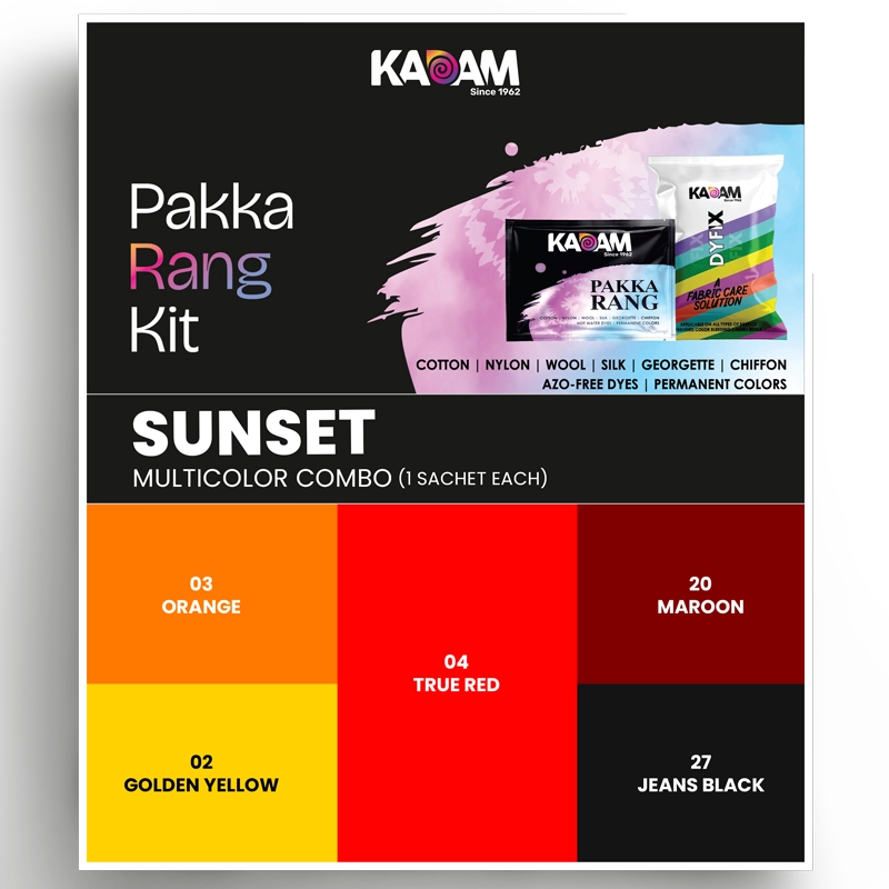 Kadam Pakka Rang Sunset Multicolor Combo – 5 fabric dye sachets in Orange, True Red, Golden Yellow, Maroon, and Jeans Black shades with DyFix fabric color fixer.