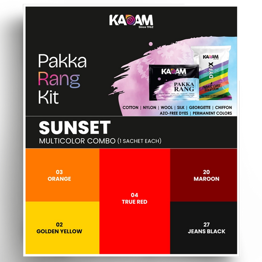 Kadam Pakka Rang Sunset Multicolor Combo – 5 fabric dye sachets in Orange, True Red, Golden Yellow, Maroon, and Jeans Black shades with DyFix fabric color fixer.