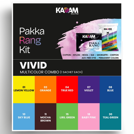 Kadam Pakka Rang Vivid Multicolor Combo – 10 fabric dye sachets in Lemon Yellow, Orange, True Red, Violet, Blue, Sky Blue, Mocha Brown, Liril Green, Baby Pink, and Teal Green with DyFix fabric care solution.