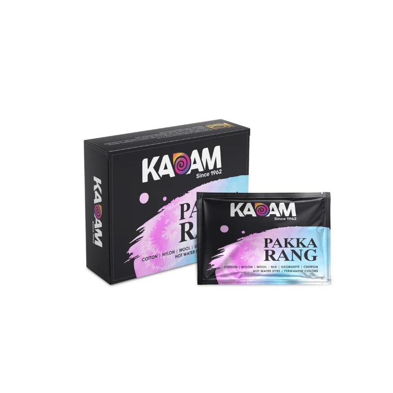 Kadam Pakka Rang hot water fabric dye kit—azo-free permanent colors for cotton, silk, nylon, and more.