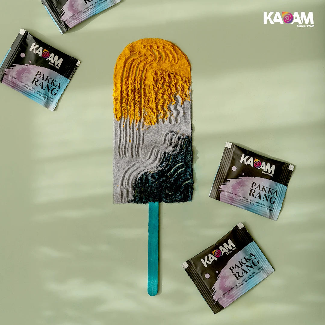 Creative popsicle art made from fabric and dyed using Kadam Colors Pakka Rang sachets in yellow and black.