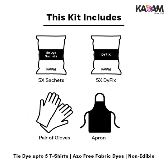 Illustration of the contents included in Kadam Colors tie-dye kit: 5 tie-dye sachets, 5 Dyfix sachets, a pair of gloves, and an apron. The kit is suitable for dyeing up to 5 t-shirts with azo-free, non-edible fabric dyes.