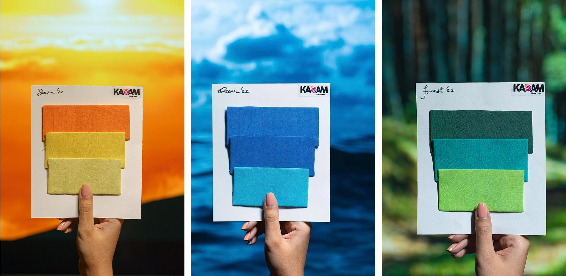 Three sets of fabric swatches inspired by nature, labeled as 'Forest,' 'Ocean,' and 'Sunset,' showcasing vibrant green, blue, and orange hues created with Kadam Colors dyes, against visually matching natural backdrops