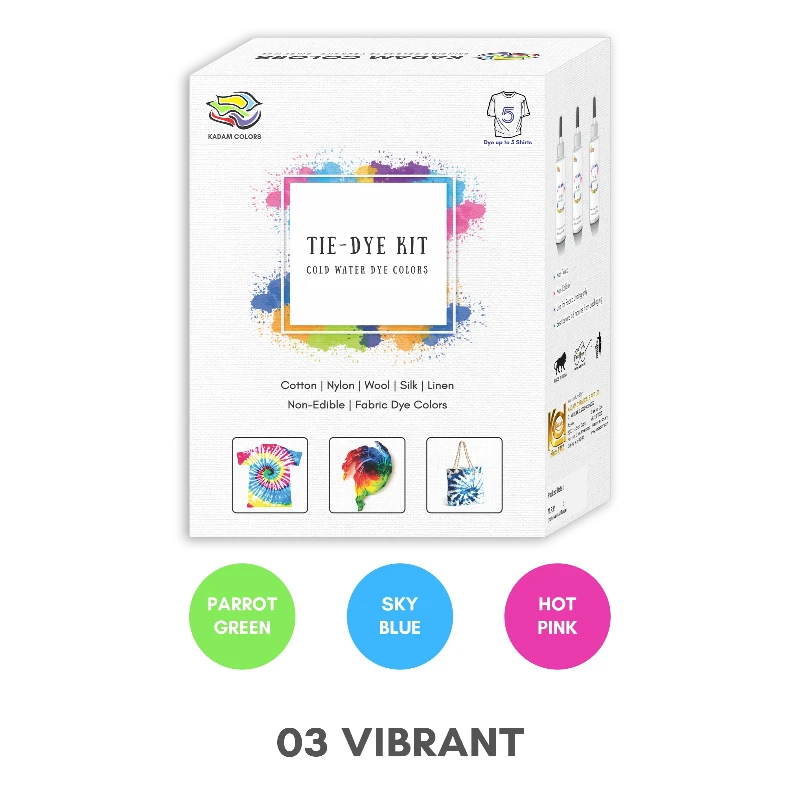 Kadam Tie-Dye Kit for various fabrics with design examples and color options including Parrot Green, sky blue, hot pink.