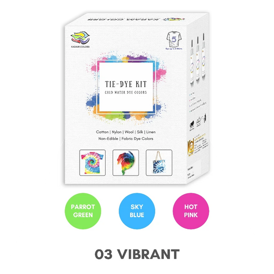Kadam Tie-Dye Kit for various fabrics with design examples and color options including Parrot Green, sky blue, hot pink.