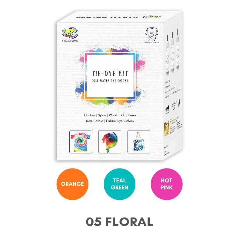 Kadam Tie-Dye Kit for various fabrics with design examples and color options including Orange, Teal Green, hot pink.