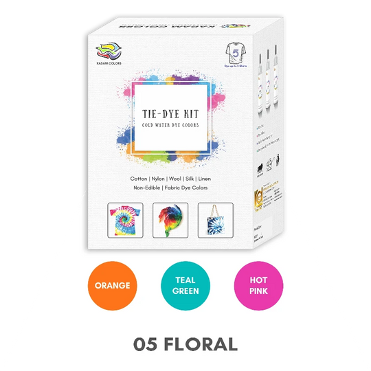 Kadam Tie-Dye Kit for various fabrics with design examples and color options including Orange, Teal Green, hot pink.