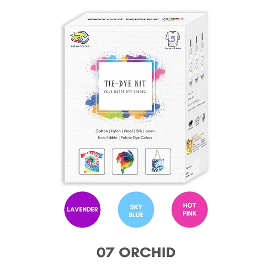 Kadam Tie-Dye Kit for various fabrics with design examples and color options including lavender, sky blue, hot pink.