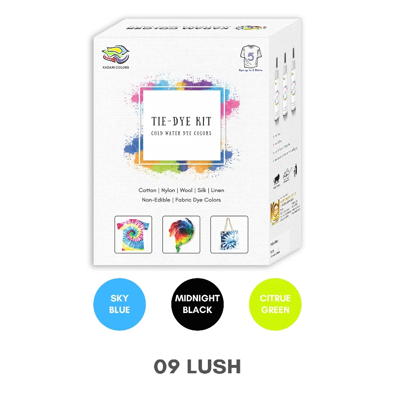 Kadam Tie-Dye Kit for various fabrics with design examples and color options including Sky Blue, Midnight Black, and Citrus Green.
