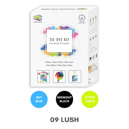Kadam Tie-Dye Kit for various fabrics with design examples and color options including Sky Blue, Midnight Black, and Citrus Green.