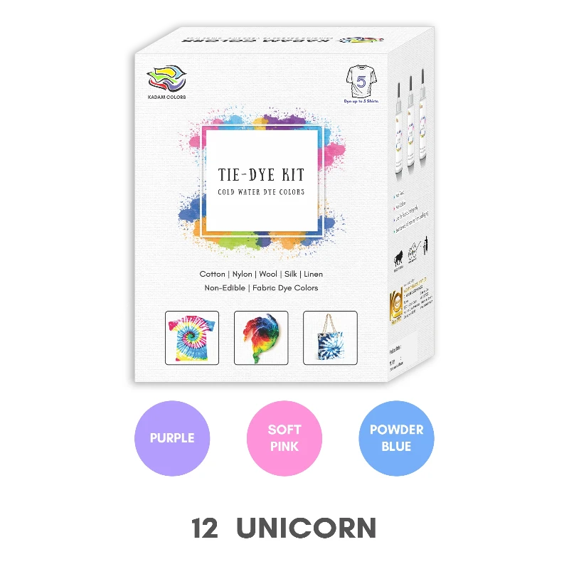 Kadam Tie-Dye Kit for various fabrics with design examples and color options including Purple, Soft Pink, and Powder Blue.