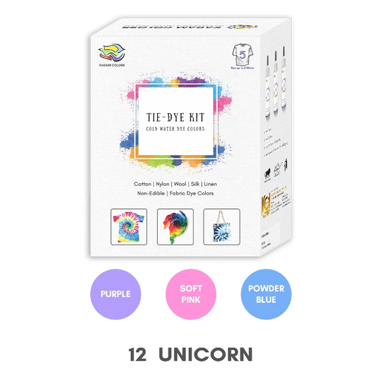 Kadam Tie-Dye Kit for various fabrics with design examples and color options including Purple, Soft Pink, and Powder Blue.