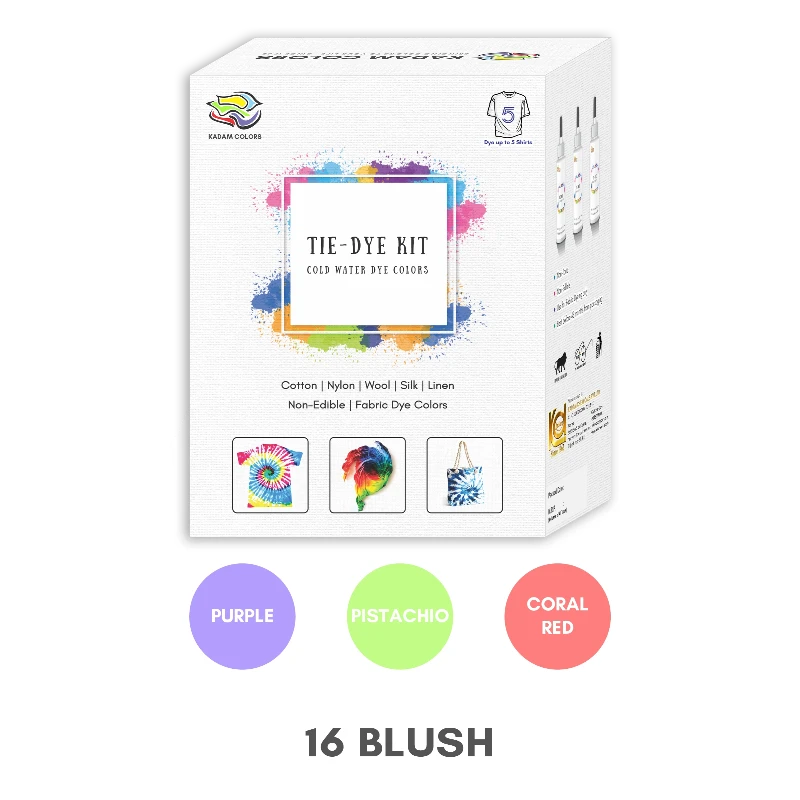 Kadam Tie-Dye Kit for various fabrics with design examples and color options including Purple, Pistachio and Coral Red.