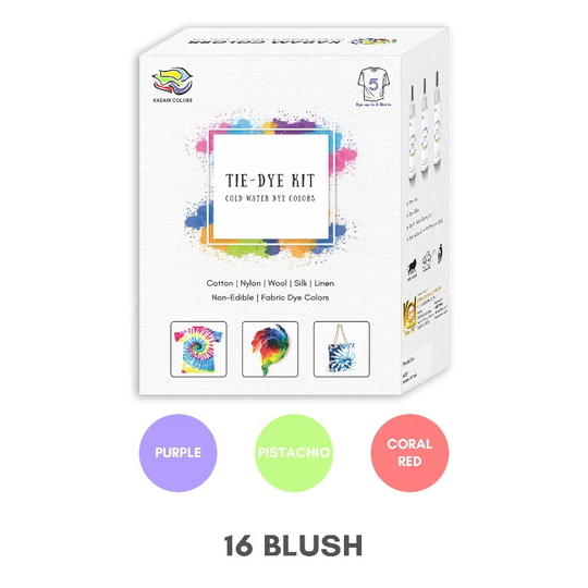 Kadam Tie-Dye Kit for various fabrics with design examples and color options including Purple, Pistachio and Coral Red.