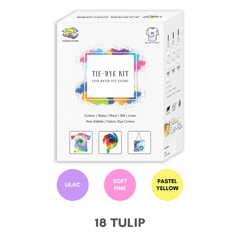 Kadam Tie-Dye Kit for various fabrics with design examples and color options including lilac, Soft Pink, Pastel Yellow.