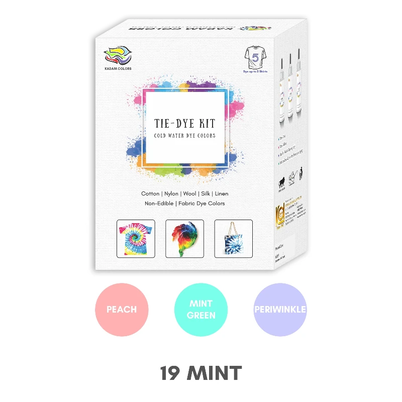 Kadam Tie-Dye Kit for various fabrics with design examples and color options including Peach, Mint Green and Periwinkle.