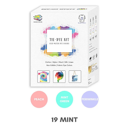Kadam Tie-Dye Kit for various fabrics with design examples and color options including Peach, Mint Green and Periwinkle.