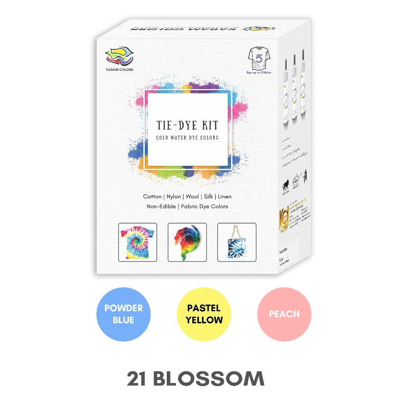 Kadam Tie-Dye Kit for various fabrics with design examples and color options including Powder Blue, Pastel Yellow and Peach.