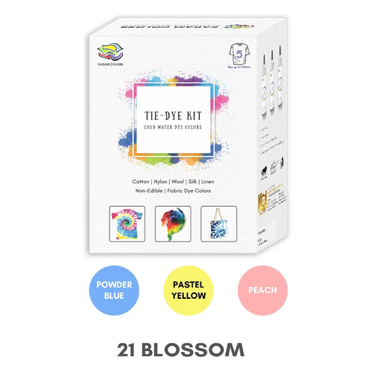 Kadam Tie-Dye Kit for various fabrics with design examples and color options including Powder Blue, Pastel Yellow and Peach.
