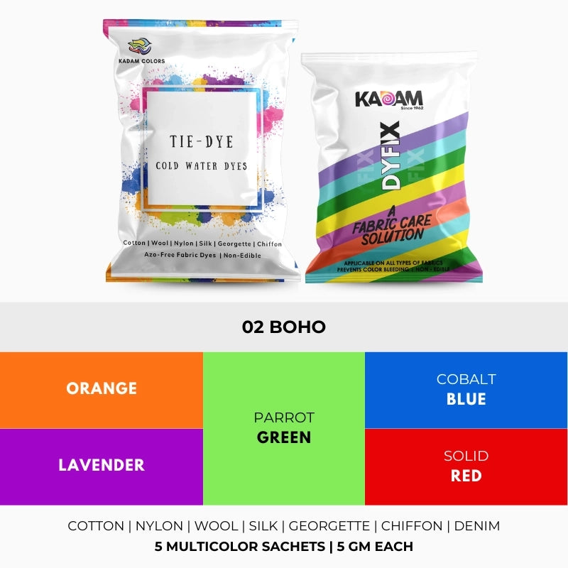 Kadam Colors Tie-Dye Boho combo with orange, lavender, parrot green, cobalt blue, and solid red shades.