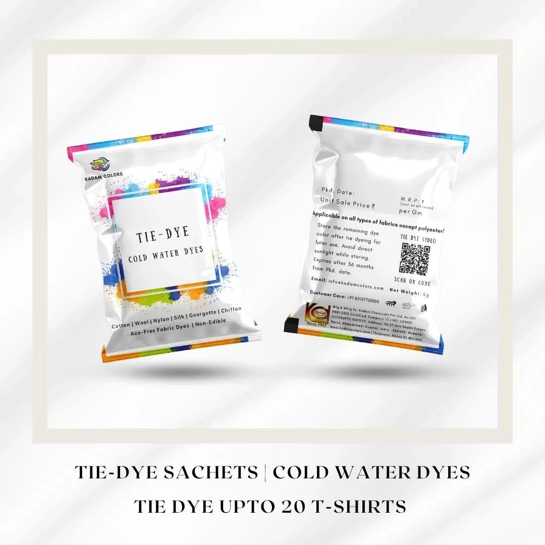 Kadam Colors Tie-Dye cold water dye sachets pack for up to 20 T-shirts, suitable for multiple fabrics.
