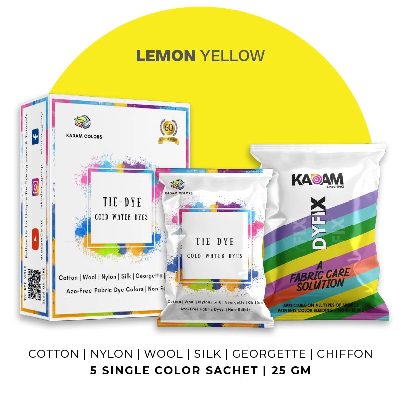 Lemon Yellow themed display of Kadam Colors Tie-Dye Cold Water Dyes kit featuring 5 single-color sachets.