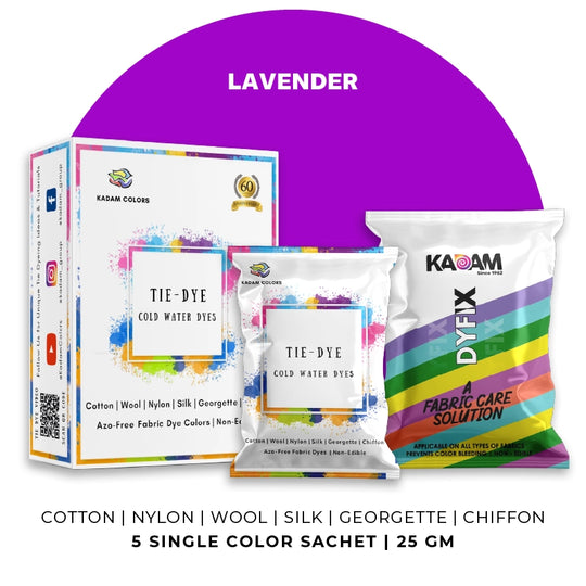Lavender themed display of Kadam Colors Tie-Dye Cold Water Dyes kit featuring 5 single-color sachets.