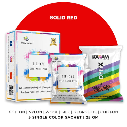 Solid Red themed display of Kadam Colors Tie-Dye Cold Water Dyes kit featuring 5 single-color sachets.