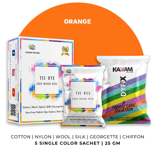 Orange themed display of Kadam Colors Tie-Dye Cold Water Dyes kit featuring 5 single-color sachets.