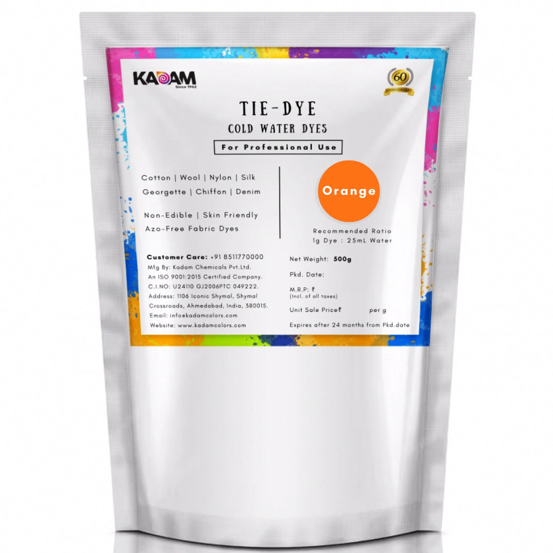 Orange shade cold water dye pouch by Kadam Colors.