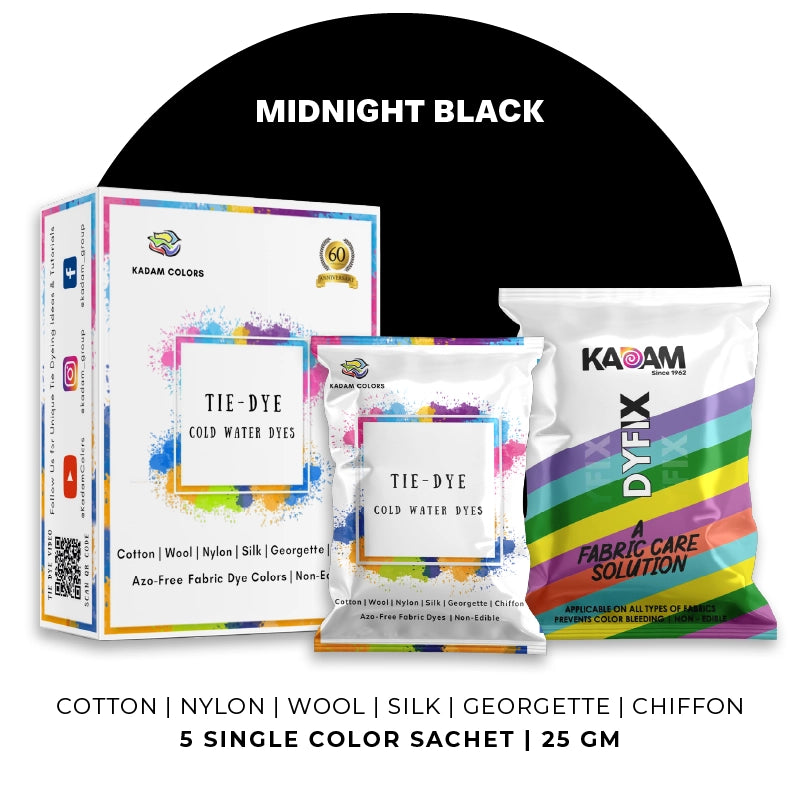 Midnight Black themed display of Kadam Colors Tie-Dye Cold Water Dyes kit featuring 5 single-color sachets.