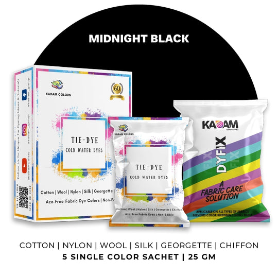 Midnight Black themed display of Kadam Colors Tie-Dye Cold Water Dyes kit featuring 5 single-color sachets.