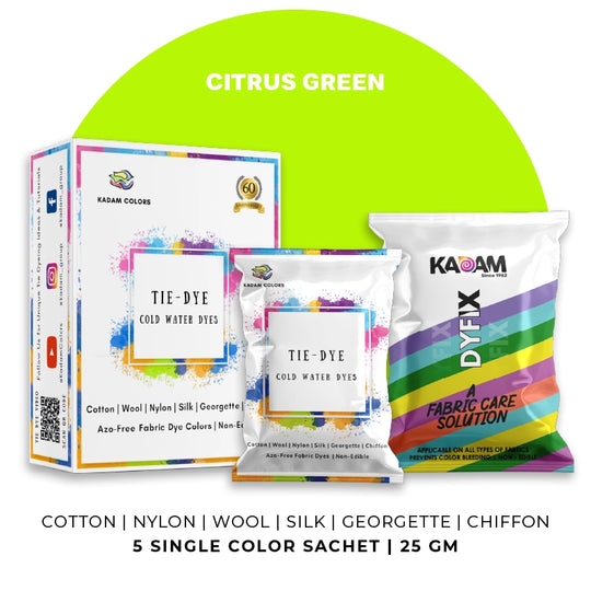 Citrus Green themed display of Kadam Colors Tie-Dye Cold Water Dyes kit featuring 5 single-color sachets.
