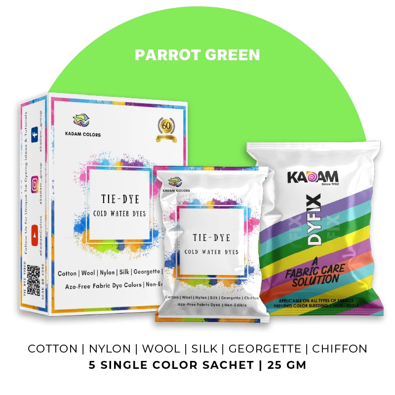 Parrot Green themed display of Kadam Colors Tie-Dye Cold Water Dyes kit featuring 5 single-color sachets.