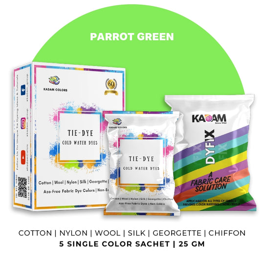 Parrot Green themed display of Kadam Colors Tie-Dye Cold Water Dyes kit featuring 5 single-color sachets.