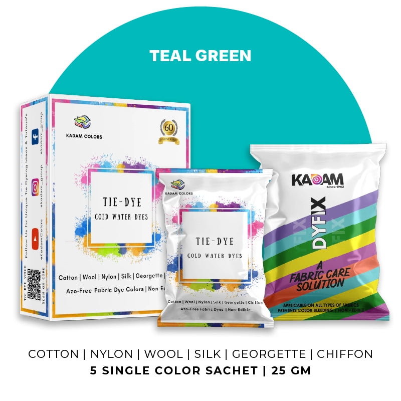 Teal Green themed display of Kadam Colors Tie-Dye Cold Water Dyes kit featuring 5 single-color sachets.