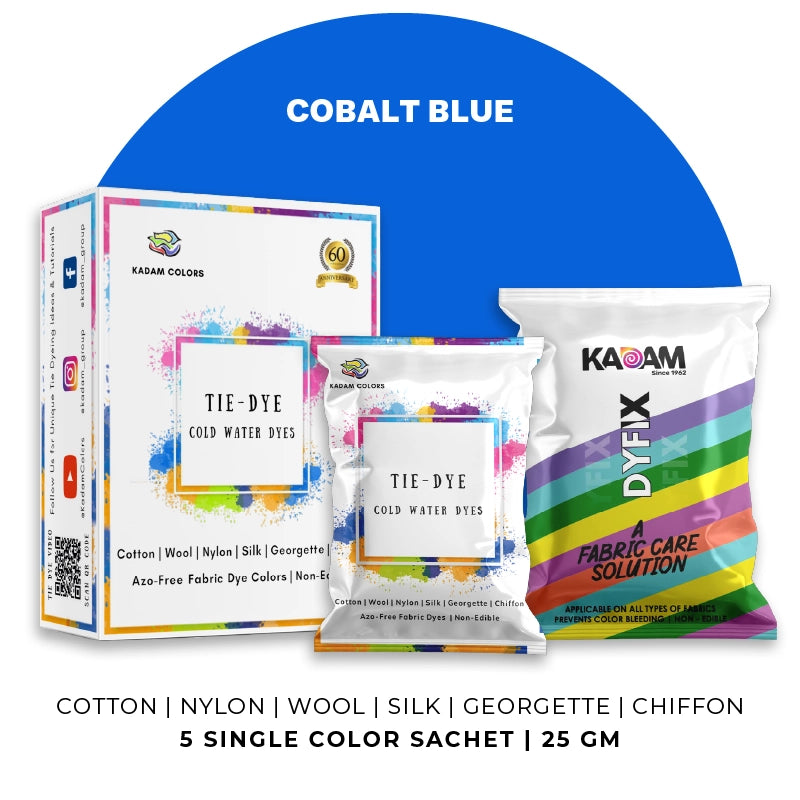 Cobalt Blue themed display of Kadam Colors Tie-Dye Cold Water Dyes kit featuring 5 single-color sachets.